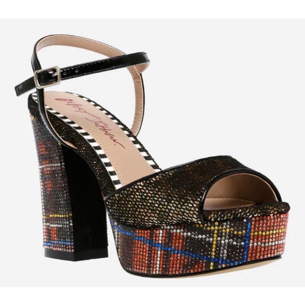 Betsey Johnson Alaia Black Plaid leopard Platform Heels Open Toe Size 9